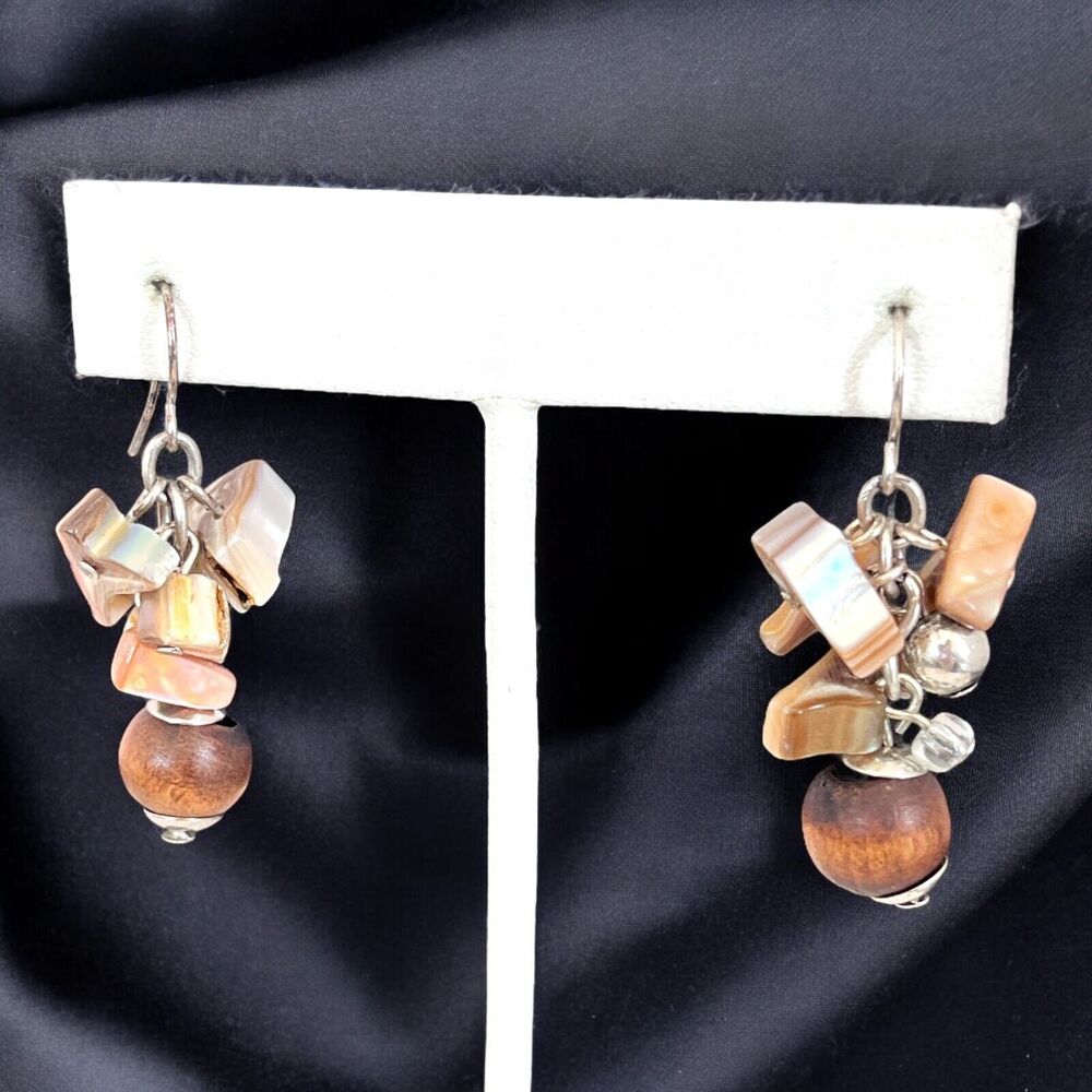 New Beaded Earrings Silver Toned Shell Wood Glass Dangle - 10O